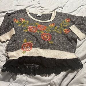 Ivy Jane Gray Floral Blouse with Ruffle Hem